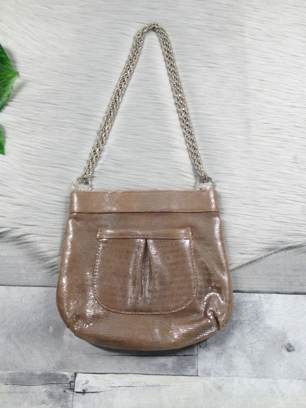Lauren Merkin Metallic Bronze Embossed Chain Strap Shoulder Bag NYC